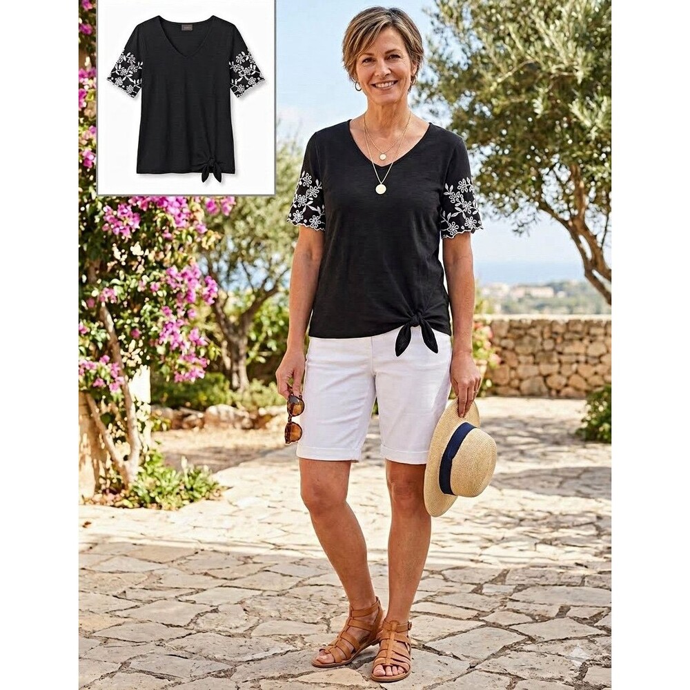 Chico's Sz 1 Black V-Neck Knit Top Vacation Embroidered Short Sleeve  Tie Hem
